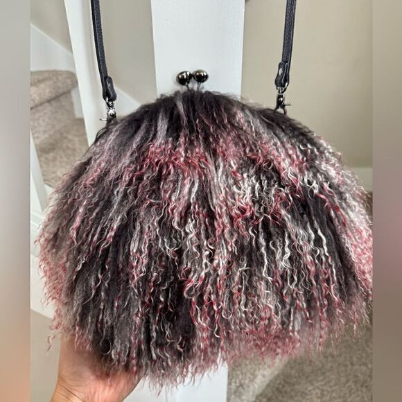 Handmade Gradient Color Real Mongolian Lamb Fur Kisslock Shoulder Bag/Crossbody - Picture 9 of 14